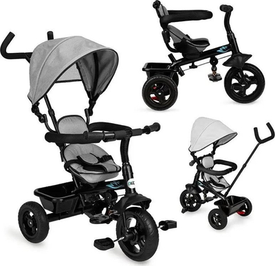 Трицикл за деца QKIDS MILA, седиште 360°, рачка за управување, сив