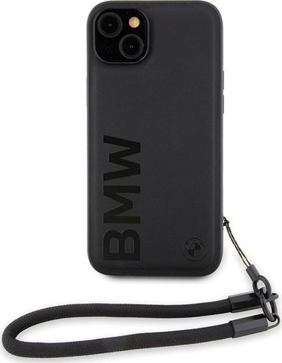 Mbulesë telefoni BMW Signature Leather Wordmark Cord për iPhone 15 Plus 14 Plus, lëkurë natyrale, me rrip dore, e zezë