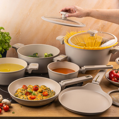 Set tenxheresh dhe tiganësh Klausberg KB-7967, 12 pjesë, alumin i derdhur, veshje jo ngjitëse, bezhë