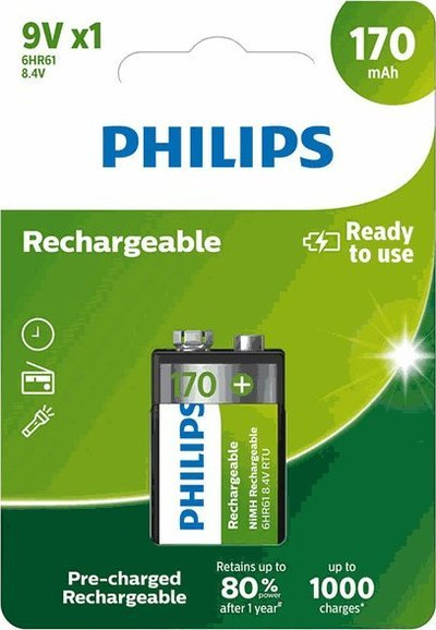 Akumulator Philips 9VB1A17/10, 9V 8.4V, 170mAh, i gjelbër