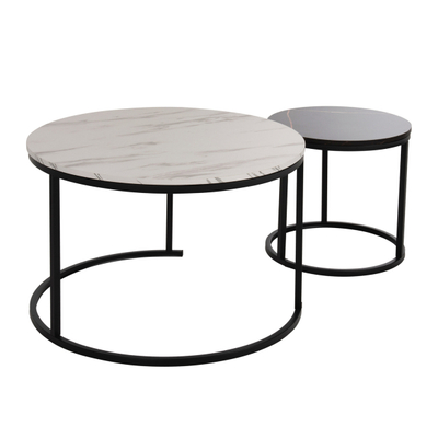 Tavolinë për kafe 2-pjesësh MDF marble mix & këmbë të zeza Φ80–48 cm (HM8763.14), zezë