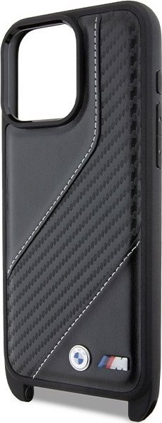 Çorape telefoni BMW M Edition Carbon Stripe, për iPhone 15 Pro, me rrip, e zezë