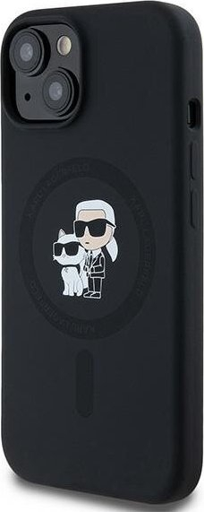 Kapak telefoni Karl Lagerfeld Karl and Choupette, silikon, MagSafe, për iPhone 15, i zi