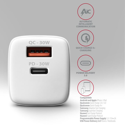 Karikues AXAGON ACU-PQ30, USB-A, USB-C, PD, QC4+, 30W, i bardhë