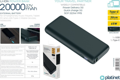 Power bank Platinet PMPB206B, 20000mAh, PD 65W QC 3.0, i zi