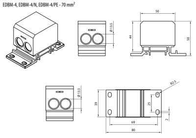 Bllok shpërndarës EDBM-4, 192A, 70mm², gri