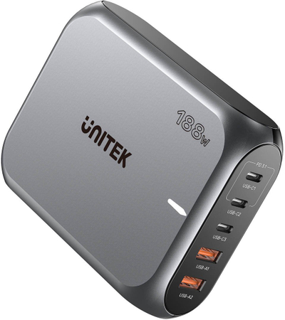 Karikues muri Unitek GaN PD 3.1, 188W, 3x USB C 2x USB A, gri