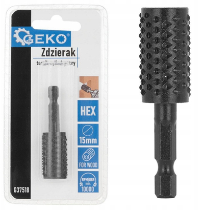Rraspë cilindrike për dru GEKO G37518, diametër 15mm, bisht HEX, e zezë