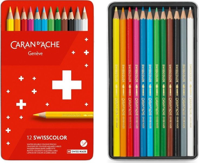 Set lapsa akuarel Caran d'Ache Swisscolor, 12 copa, kuti metalike, shumëngjyrësh