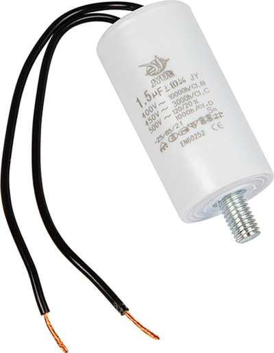 Kondensator motorik 1.5µF, 450VAC, me tela, i bardhë