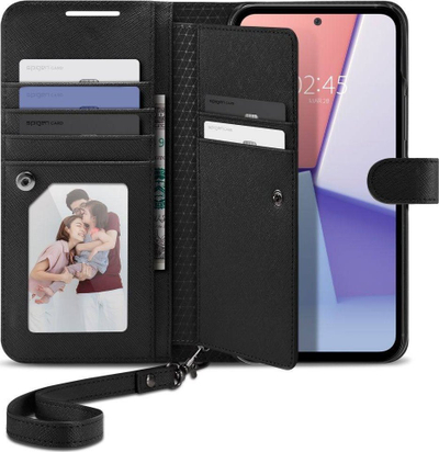 Këllëf telefoni Spigen Wallet S Plus për Samsung Galaxy A54 5G, lëkurë PU, me portofol, ngjyrë e zezë