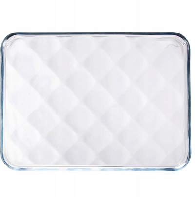 Enë qelqi për kasserola, 33.5x24.5x2 cm, që rri mirë në nxehtësi, transparente