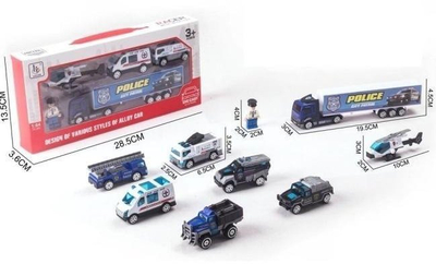 Set lodrash policie Metal Car Set City Police Patrol, kamion me rimorkio, makina metalike, blu e bardhë