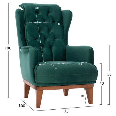 Fotelje bergere Bennington, kadife, 75x100x100 cm, jeshile Cypress