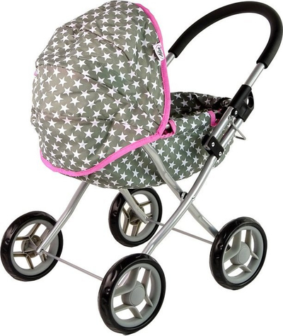Karrocë lodër për kukulla Gray Doll Stroller, skelet metalik, me kapak, gri me yje