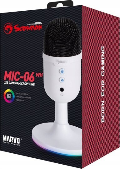 Mikrofon gaming Marvo MIC-06, me ndriçim RGB, me port për kufje, i bardhë