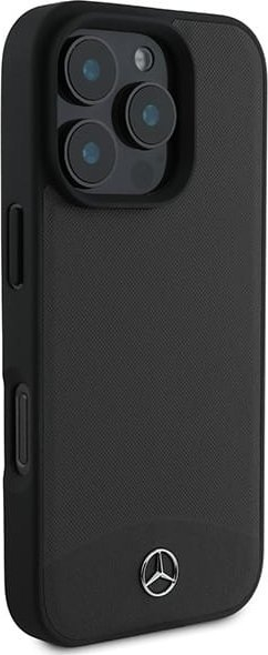 Këllëf telefoni Mercedes me lëkurë me reliev dhe të lëmuar, për iPhone 16 Pro Max, me MagSafe, i zi