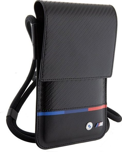 Çantë telefoni BMW M Series Carbon Tricolour, me rrip, me xhep për kartela, e zezë