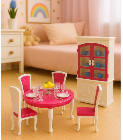 Set ngrënieje për kukulla Dining Set For Dolls, tavolinë dhe karrige, bufet me enë, rozë e bardhë