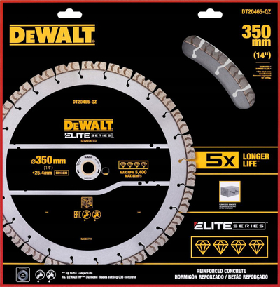 Rrotë diamanti DEWALT ELITE SERIES për beton me hekur, 350mm, vrimë 25.4mm
