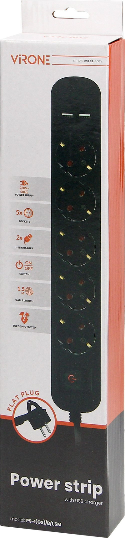 Zgjatës me mbrojtje Virone PS 1 GS, 5 presa Schuko, 1.5m, 2x USB, i zi