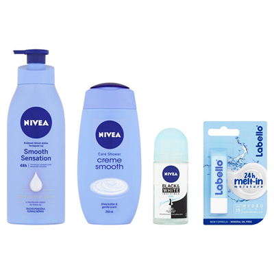 Set Nivea Smooth Care losion trupi Smooth Sensation 400 ml + xhel dushi Creme Smooth 250 ml + antiperspirant Black & White 50 ml + balsam për buzë Hydro Care 4.8 g + çantë kozmetike