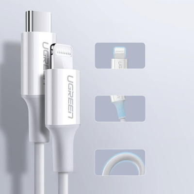 Kabllo Ugreen US171 USB C në Lightning, 0.25m, 36W, e bardhë