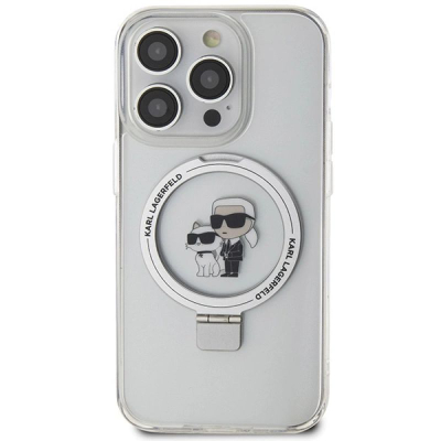 Mbrojtëse telefoni Karl Lagerfeld Ringstand Karl and Choupette MagSafe, për iPhone 15 Pro, me unazë për kënd, e bardhë