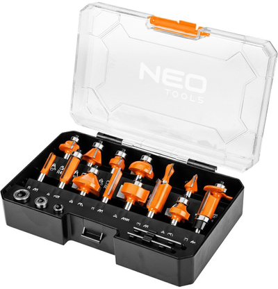 Set frezash druri Neo Tools, trup 8 mm, 15 copë, portokalli