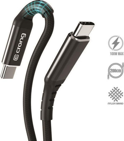 Kabllo USB Crong Armor Link, USB C në USB C, 2 m, 100W, e zezë