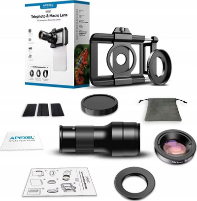 Set lente telefoni Apexel 2 in 1, telefoto 6x, makro 150 mm, i zi