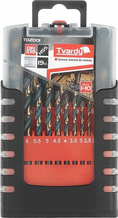 Set stërvitjesh metalike Tvardy T02001, 19 copë HSS, Ø 1-10mm, në kuti plastike e zezë