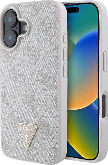 Mbulesë telefoni Guess 4G Rhinestone për iPhone 16, silikon PU, me logo metal, rozë