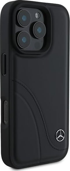 Mbulesë telefoni Mercedes Benz Curved Stitches për iPhone 16 Pro 6.3", lëkurë e zezë