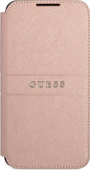 Флип футрола Guess Saffiano Stripes за Galaxy S22 Plus, со џебови за картички, розова