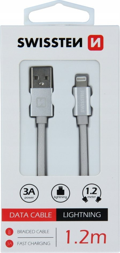 Kabllo USB Lightning Swissten, 1.2m, 3A, argjendtë e bardhë