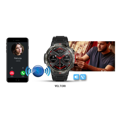 Паметен часовник Veltori VT140-1, екран 1.45", Bluetooth 5.0, црна силиконска лента