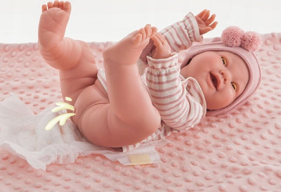 Kukull bebe Llorens Mia 42cm, vinil i butë, me aksesorë, rozë