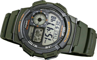 Ora digjitale Casio Illuminator AE-1000W-3A, quartz, 100m rezistente ndaj ujit, jeshile