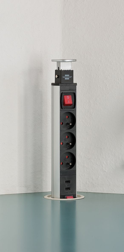 Bllok prizash Brennenstuhl Tower Power, 3 porta, 2x USB, 2m, gri