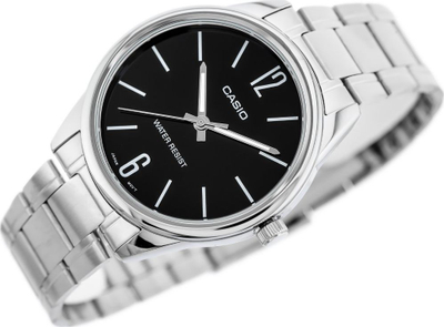Orë burrash Casio MTPV005D-1B, analoge quartz, çelik inox, me faqe të zezë
