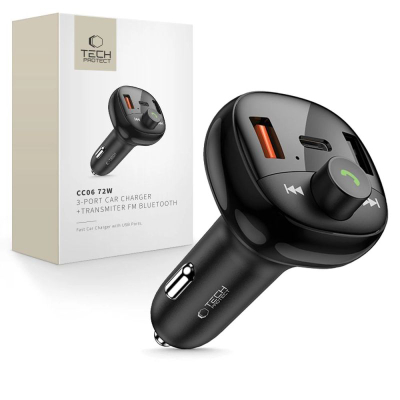 Полнач за автомобил Tech-Protect CC06, 72W, 3 USB порти, Bluetooth, црн