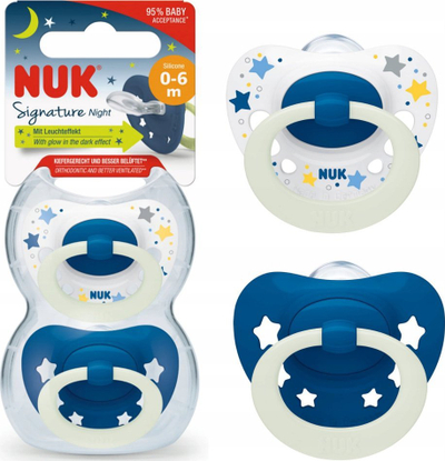 Qetësuese bebe NUK Signature Night, silikon 0-6 muaj, që ndriçojnë natën, set me 2 copë, shumëngjyrëshe
