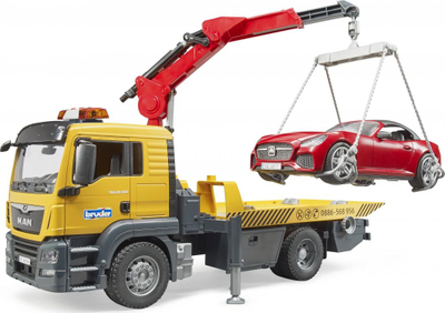 Kamion lodër Bruder MAN TGS 03750 Tow Truck, me vinç dhe platformë, me roadster, i verdhë