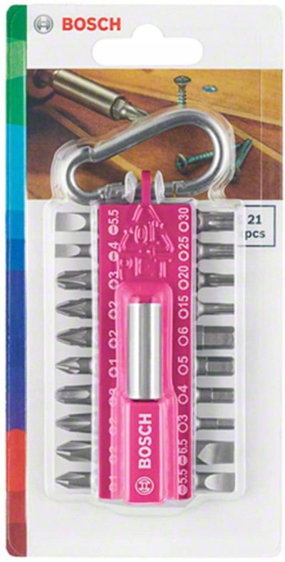 Set bitash Bosch 21 copë 2607002821, mbajtës me karabinë, për kaçavidë, vjollcë