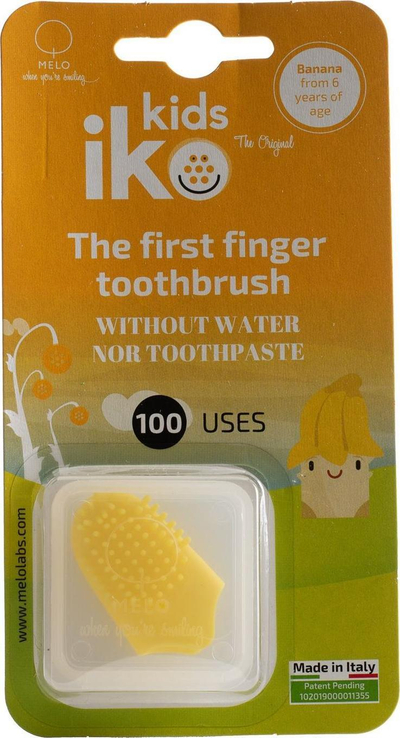 Furçë dhëmbësh për gisht IKO Kids, aromë banane, 100 përdorime, e verdhë