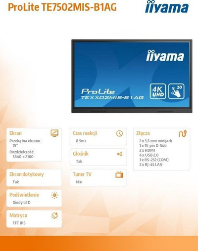Monitor Iiyama ProLite, 75 ", UHD 4K, i zi
