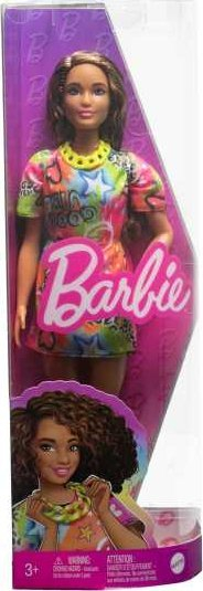 Kukull Barbie Fashionistas me flokë kaçurrel kafe, fustan Good Vibes, çizme lejla