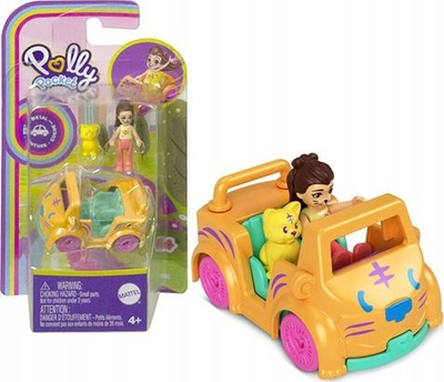 Set lodër Polly Pocket Micro, kukull me makinë metalike, figurë mace, rozë