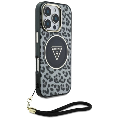 Guaskë telefoni Guess HC IML Leopard Triangle, për iPhone 16 Pro, MagSafe, me rrip, e zezë